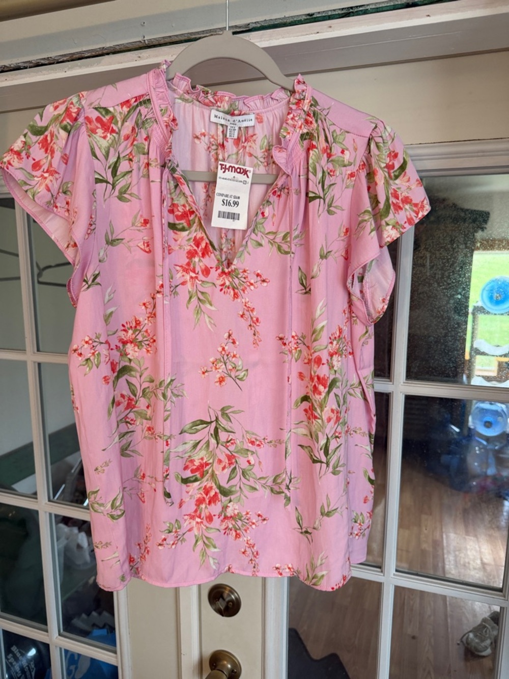 Floral Pink Flutter-Sleeve Blouse -